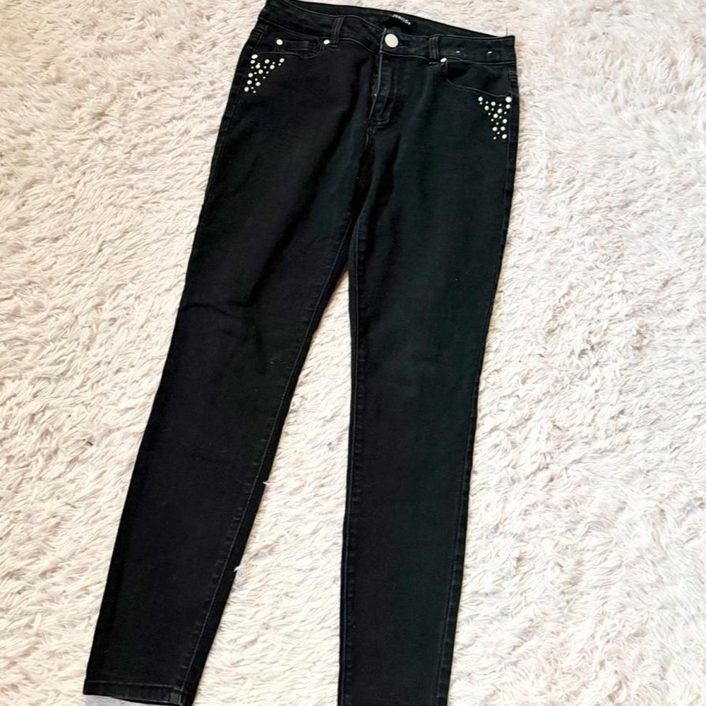 Black Denim Pearl Embellished Coquette Grunge Ballet Skinny Jeans Womens 4 Emo